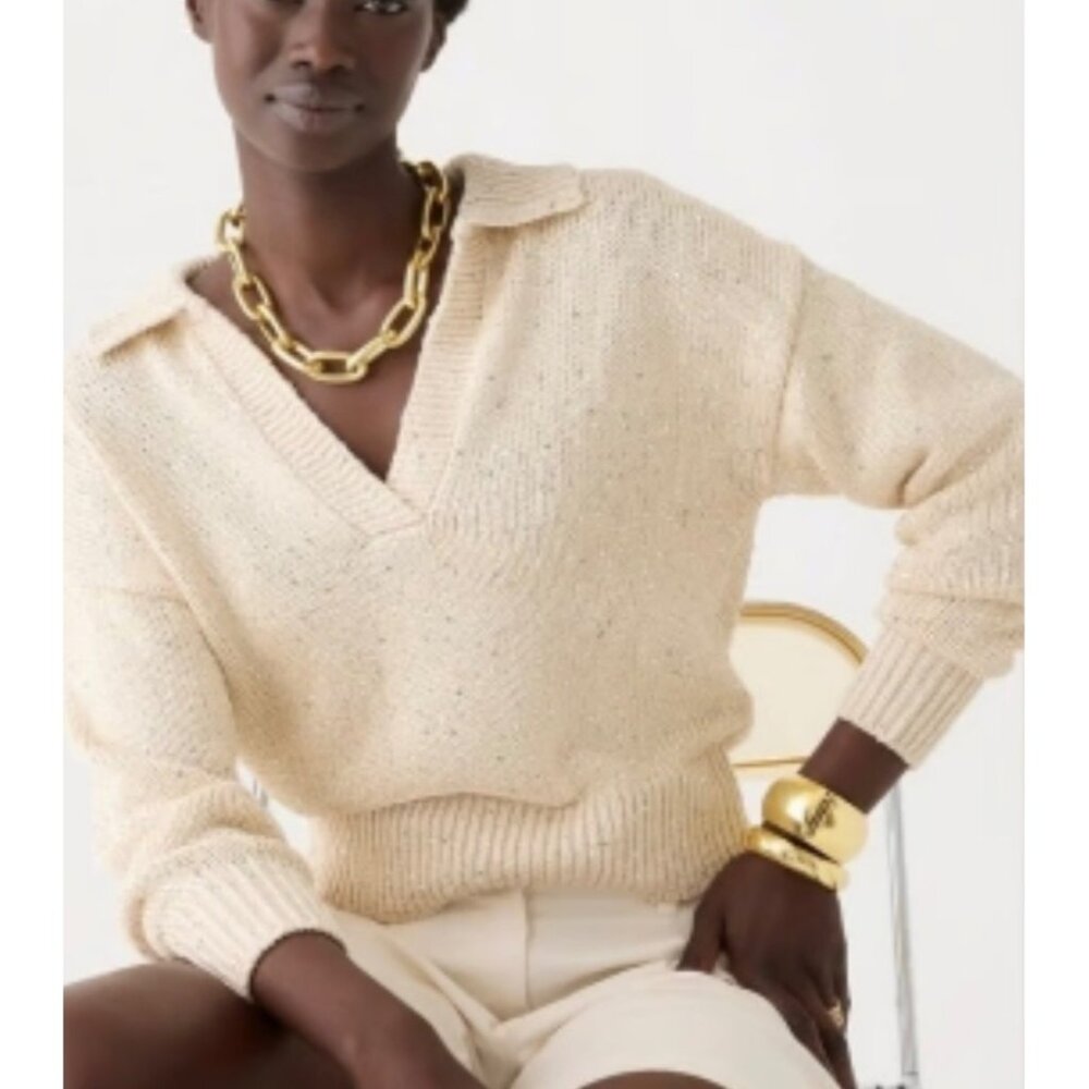 J. CREW Beige Silver Sequins V-Neck Collared Polo Pullover Sweater Size Medium